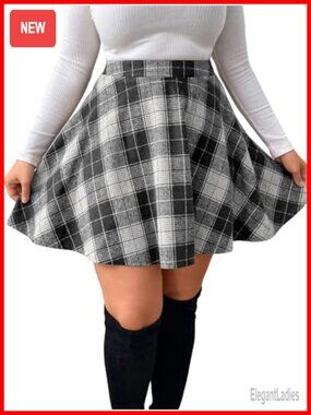 Plus Size Plaid Mini Skirt A-Line Flare Pleated High Waist Preppy